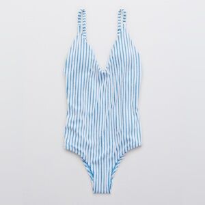 aerie XL Long Blue and White Striped One-Piece Swimsuit